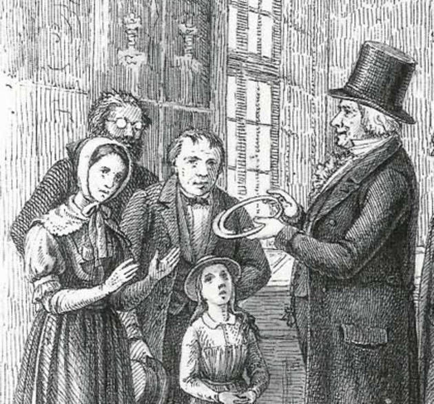 Christian Jürgensen Thomsen (1788-1865) viser besøgende rundt på Oldnordisk Museum i 1846, mens det havde til huse på Christiansborg Slot. Tegning af rundvisning på Oldnordisk Museum i 1846.