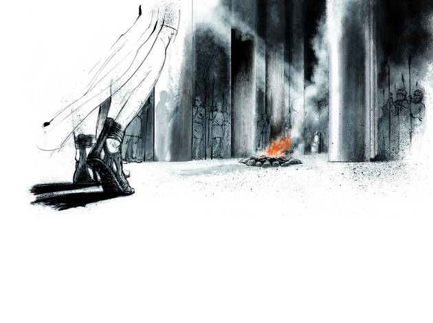 Der var tætte kontakter mellem Østersøens fyrster og det romerske rige. Men besøgte romerne også selv Gudmefyrsten i hans imponerende, træbyggede hal? Illustration: Sune Elskær. Illustration af fødder af en tilrejsende romer iført karakteristiske romerske sko, gående ind i hallen.