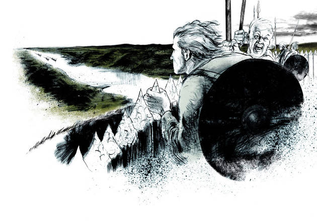 I jernalderen har vagterne på borgen kunnet se ud gennem ådalen, når fjenden nærmede sig. Illustration: Sune Elskær Illustration af bevæbnet vagt, der spejder ud over borgens palisade