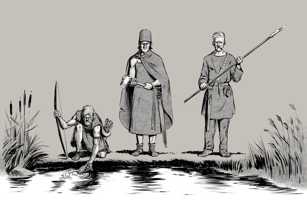 Tegning af tre mænd, der er ved at nedlægge ofring af våben i det våde område