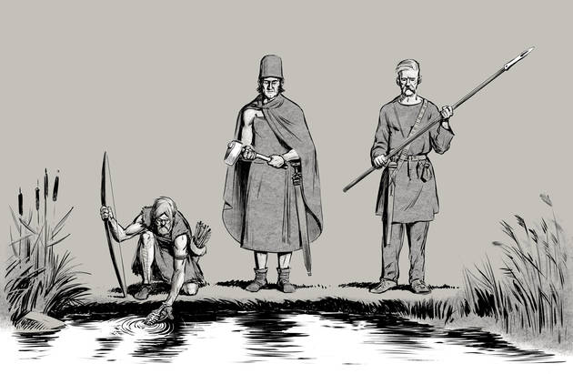 Igennem en stor del af forhistorien har de våde moseområder i ådalen været brugt som rituelle offermoser. Arkæologer har fundet både våben, smykker og sågar moselig i det nu udtørrede landskab. Illustration: Sune Elskær Tegning af tre mænd, der er ved at nedlægge ofring af våben i det våde område
