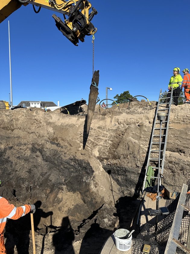 Optagning af egetræspæl fra bro til Hansborg Slot