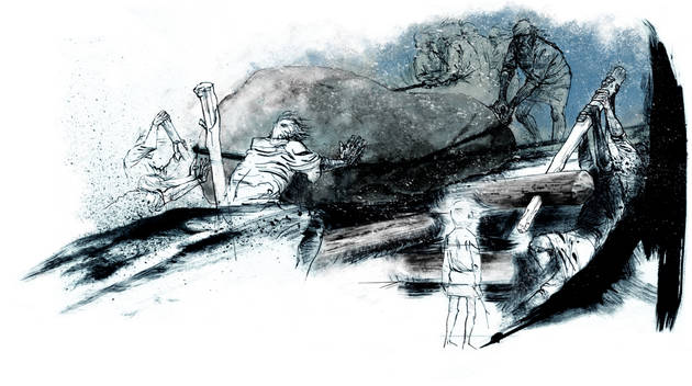Det kræver stor knowhow at bygge en jættestue af tonstunge sten. Måske har man haft omrejsende eksperter, der har hjulpet stenalderbønderne med at rejse de store gravkamre. Illustration: Sune Elskær Illustration af opførelsen af jæsttestue
