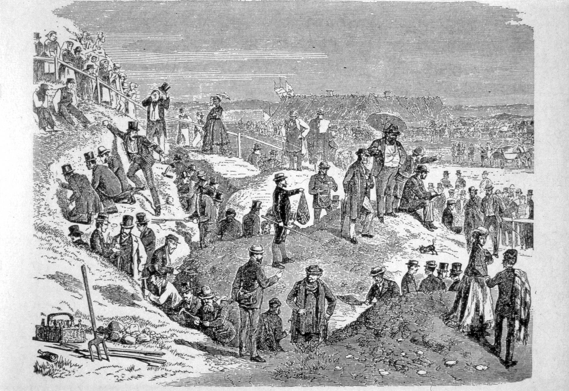 Udgravning af Sølager køkkenmøddingen i 1869 var et tilløbsstykke (Illustration fra ................). Tegning af et udgravningshold fra 1869.