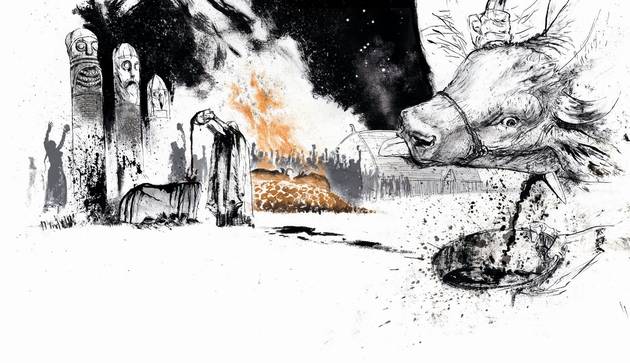 I nærheden af to store stendynger lå mange knogler fra svin og okser. Det kan være rester efter de ofringer, som krøniken omtaler. Illustration: Sune Elskær Illustration af scen, hvor dyr er ved at blive ofret, som det fortælles i krønikken