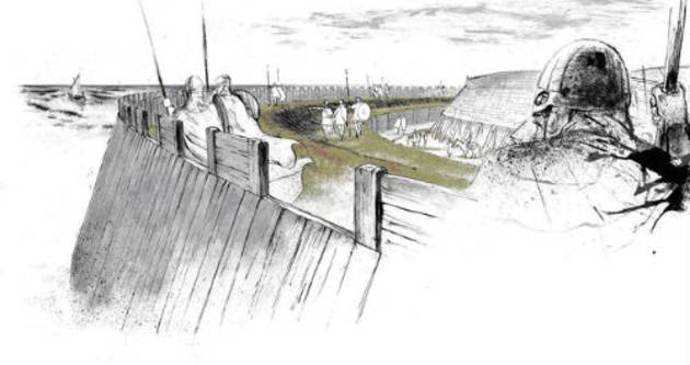 Fra borgen kunne man holde øje med trafik og bevægelser i landskabet. Illustration: Sune Elskær. Illustration af borgen Frykat bemandet af bevæbnede vikinger