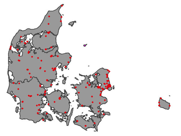 Illustration med Danmarkskort påsat røde prikker hvor hvert industriminde