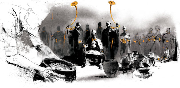 Illustration af cermoni med urnenedlæggelse processionved Lusehøj, som det måske har foregået i bronzealderen