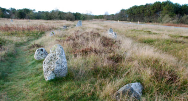 Man har ikke udgravet de grave, der ligger under stensætningerne ved Højstrup, så man ved ikke, hvilke gaver vikingerne her havde med sig i graven. Foto: Kulturstyrelsen Stensætninger med graven under, ses i det høje græs