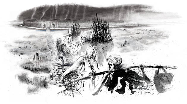 En 150 m lang brolagt vej fører fra det fast land ud til fæstningen i mosen. Illustration: Sune Elskær Tegning af mennesker, der færdes på den brolagte vej.