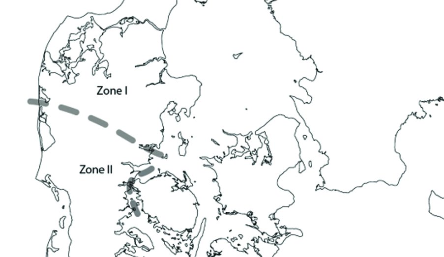 Danmarkskort: Jylland delt op i to zoner, hvor zone 1 ligger nordligst fra Horsens Fjord til Nissum Fjord. til 