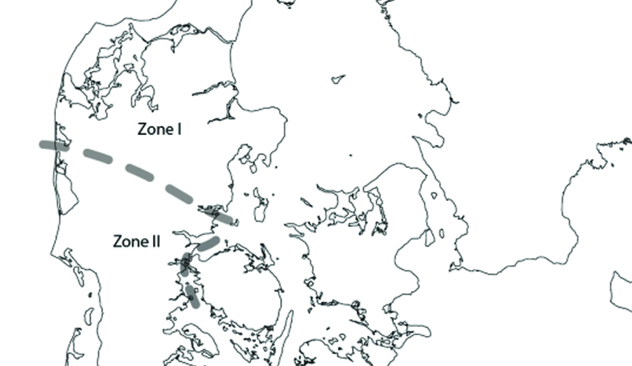 Danmarkskort: Jylland delt op i to zoner, hvor zone 1 ligger nordligst fra Horsens Fjord til Nissum Fjord. til