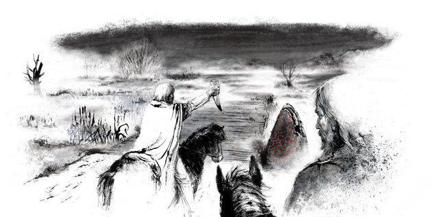 Illustration af rejsende, deri vikingetiden paserer markeringen af Sjellebro