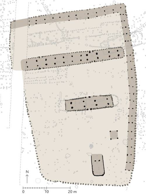 Fig. 15.1 og 15.2. Gårdsanlægget øverst fra Østergård er C14-dateret til 4. årh. e.Kr., mens gårdsanlægget nederst fra Mørup typologisk er dateret til 6. årh. Figur 15.2