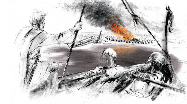 Skibssætningerne af sten, der er etableret som monumenter over vikingetids-gravene, markerer, hvor tæt man dengang var knyttet til havet. Illustration: Sune Elskær Illustration afskibssætning, der ses på afstand, og hvor et ligbål blusser