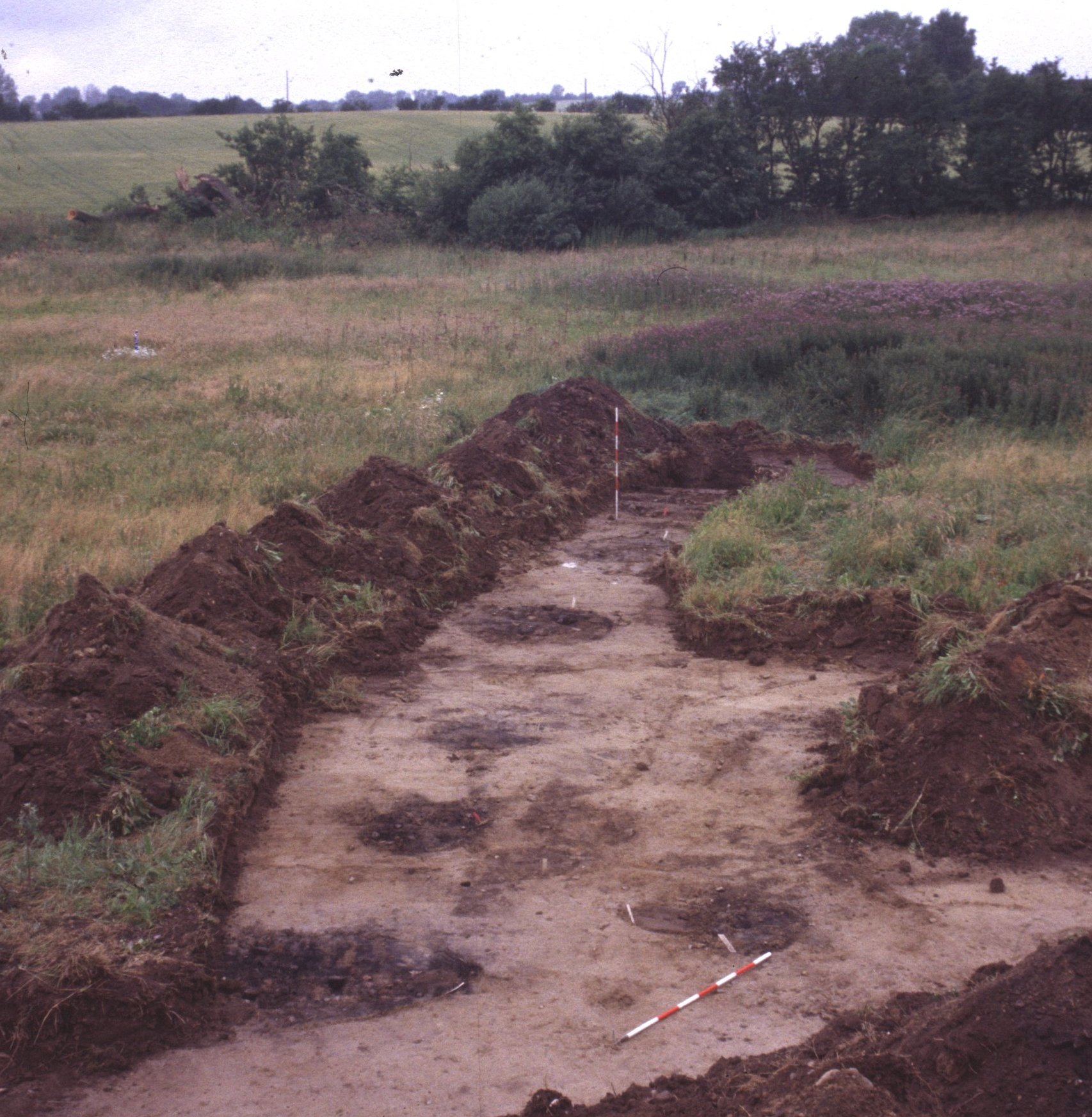 Fig. 10: To parallelle og formentlig samtidige rækker af 41 kogestensgruber fra Nordkilde Bakke, GIM 3593, lige nord for Græsted i Nordsjælland. Foto: Tim Grønnegaard, Museum Nordsjælland.
