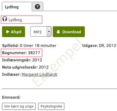 Skærmdump: Eksempel på hvordan man ser bognummer på en netlydbog hos NOTA.