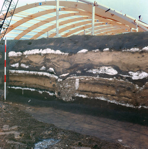 Fig. 9. Snit gennem byhøjen Nr. Hedegård ved Aalborg. Nederst ses ardspor og herover fire kridtgulve adskilt af flyvesand og kulturjord. I baggrunden er tagkonstruktionen til Gigantium ved at blive anlagt. Foto: Nordjyllands Historiske Museum Fig. 9. Snit gennem byhøjen Nr. Hedegård ved Aalborg. Nederst ses ardspor og herover fire kridtgulve adskilt af flyvesand og kulturjord. I baggrunden er tagkonstruktionen til Gigantium ved at blive anlagt. Foto: Nordjyllands Historiske Museum