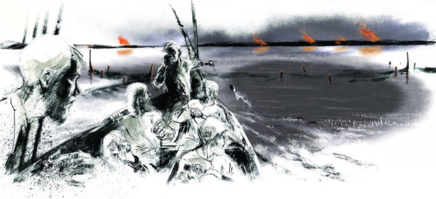 Tegning af angribere ved Skuldelev sejlspærring.