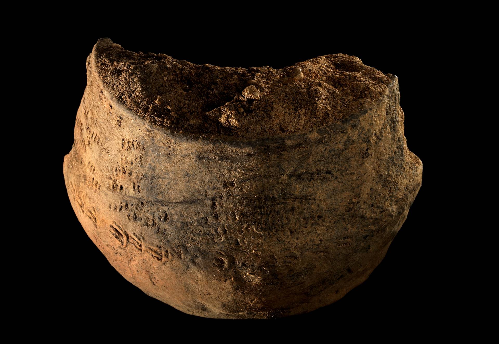 Et lille lerkar blev fundet inden for indgangen til et af de store huse med ovn. Karret er slavisk og er sikkert importeret fra de sydlige egne af Østersøen. Foto: Mads Dalegaard, Moesgaard Museum. Foto af et lille lerkar blev fundet inden for indgangen til et af de store huse med ovn. Karret er slavisk og er sikkert importeret fra de sydlige egne af Østersøen. Foto: Mads Dalegaard, Moesgaard Museum.