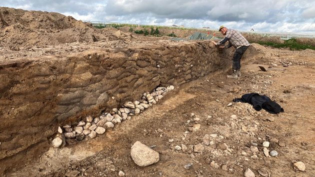 Foto af en af museets arkæologer, som afrenser profilen af den tydelige tørveopbygning i den ene overpløjede gravhøj, Tvevang Høje. Centralt ses stenlægning fra centralgraven. Foto. Museum Østjylland.