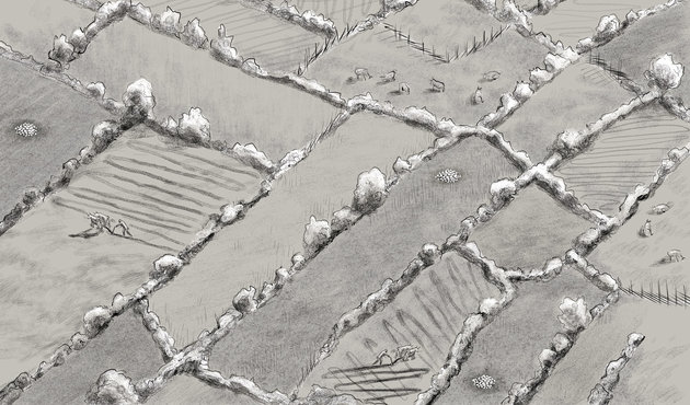 Illustration af et opdyrket oldtidslandskab med små marklodderde