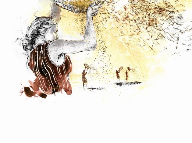 I Hammerumpigens kjole fandtes små rester fra korn. Hun har haft kjolen på, mens hun tærskede. Illustration: Sune Elskær Illustration af Hammerumpigen, der står med sin dragt og arbejder med korn