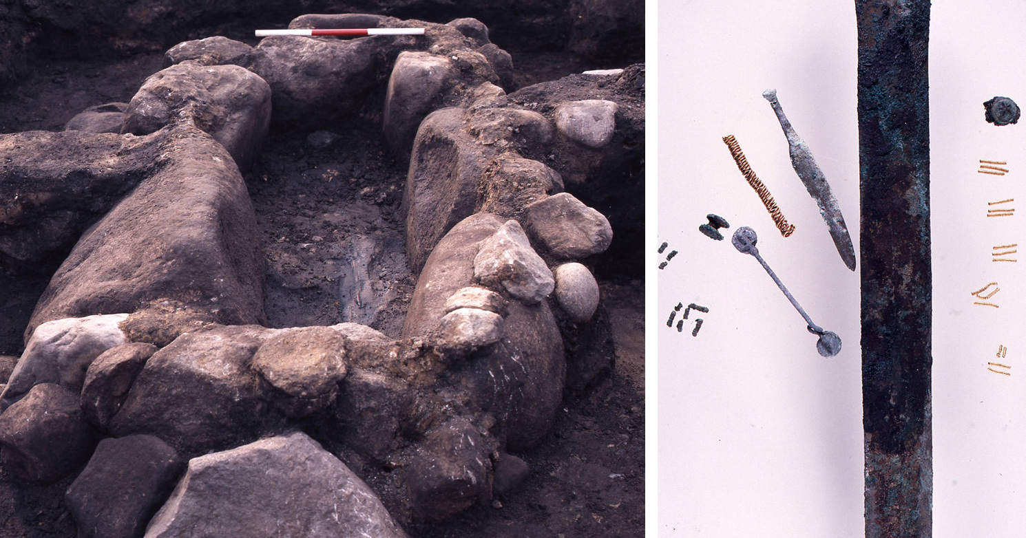 Fig. 2a og 2b. Mandslang kiste af store sten tætnet med undergrundsler og hovedstore sten. I graven fandtes, sammen med brændte knogler af en voksen mand, bl.a. et sværd i træskede og rester af et sværdbælte. Foto: se billedtekst