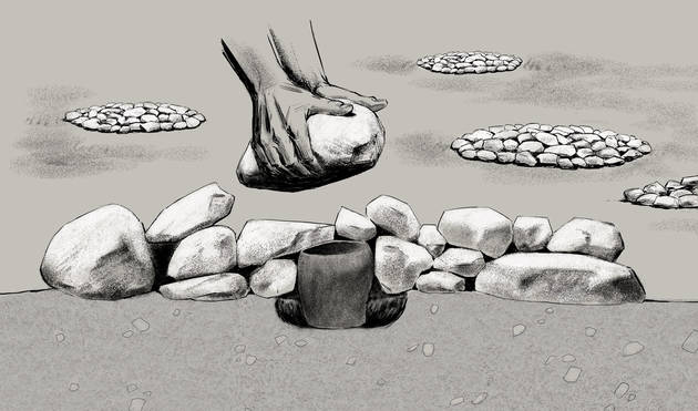 Der er fundet talrige små begravelsestuer, der gemmer på urner, på gravpladsen ved Årre. Illustration: Sune Elskær Tegning af hvordan en tuegrav dannes, i baggrunden ses flere ensopbyggede tugrave på gravpladsen