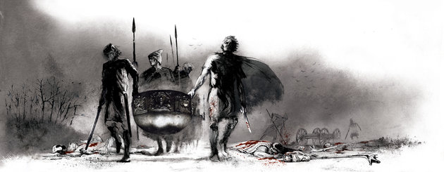 Tegning af krigere, der bærer Gundestrup-kedlen væk fra et drabeligt slag.