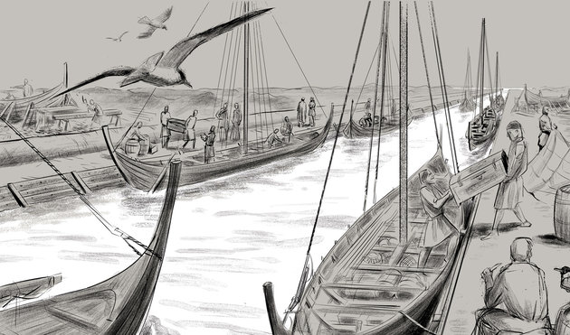 Illustration af skibene langs kanalen, der er fortøjret og proviantere