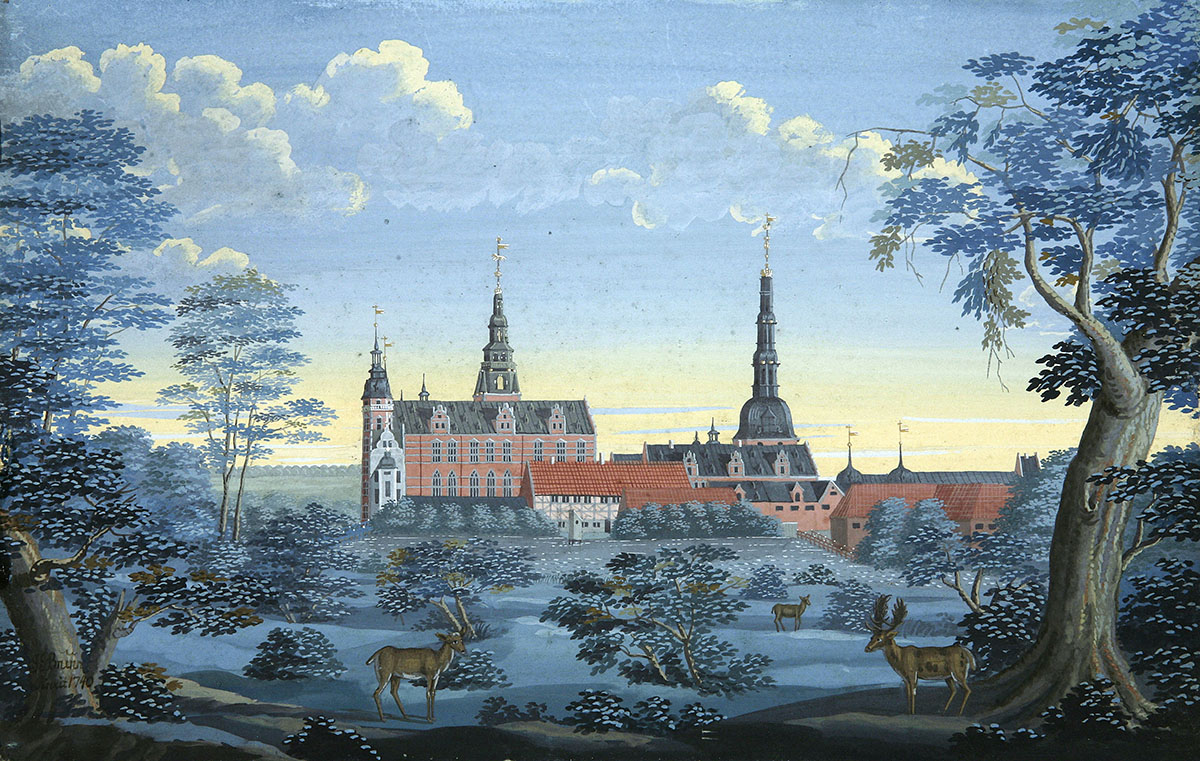 Frederiksborg Slot ses fra vest. Fangetårnet er det store tårn til højre. Maleri fra 1739 af J. J. Bruun.