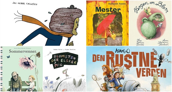Bogforsider af de nominerede bøger til Kulturministeriets Forfatterprisen og Illustratorprisen for børne- og ungdomsbøger