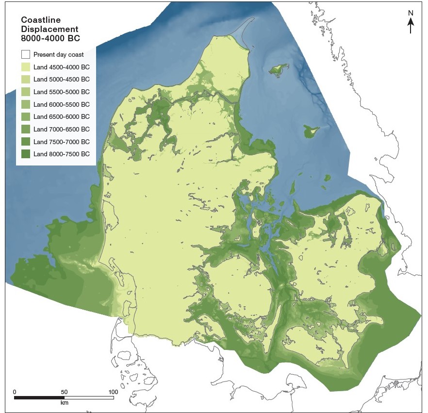 Fig. 1: Simplificeret model over kystlinjeforskydningen i Danmark i tidsrummet fra 8000-4000 f.Kr. (Astrup 2018). 