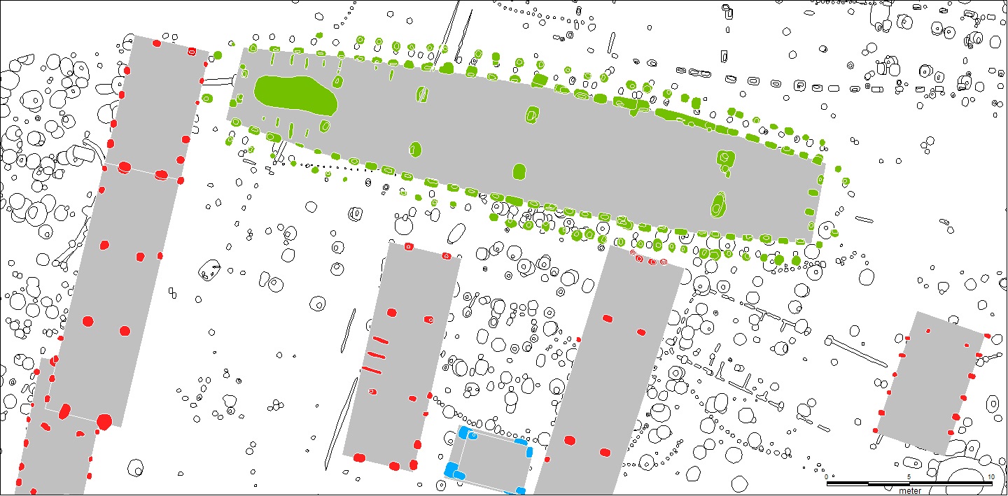 Færdig tolkningsplan, hvor huse er markeret med rød og grøn.