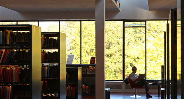 Foto af mand, der læser på bibliotek.