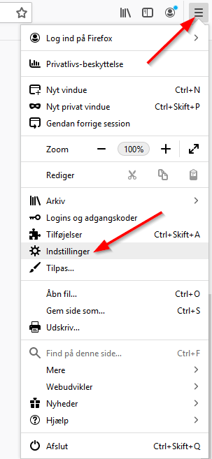 Klik på knappen med de tre streger i øverste højre hjørne, "Åbn Menu". Vælg "Indstillinger".